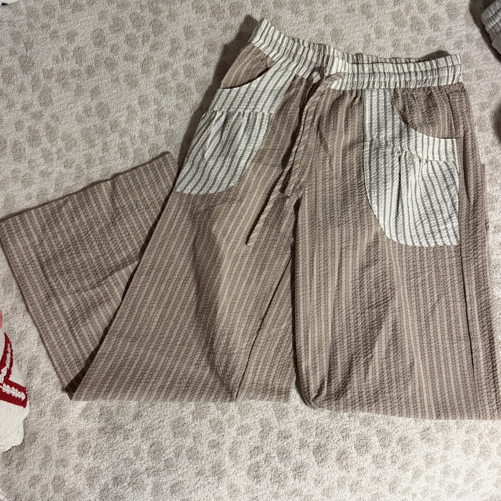 CC Boutique Brown Striped Wide-Leg Pants with Cream Accent Pockets